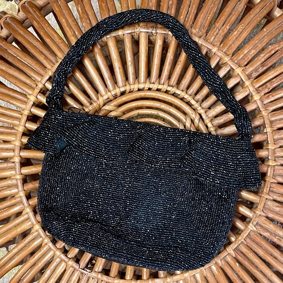 Vintage Handbags - Vintage 1940s Ornately Hand-Beaded Black Sparkly Top Handle Evening Bag